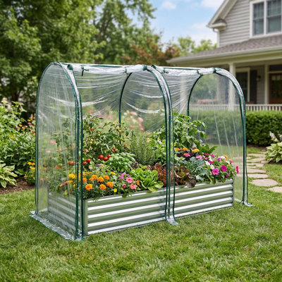 Galvanized Steel Raised Garden Bed With Transparent UV-Resistant All-Weather Greenhouse Cover, Reinforced Edge Design 440LBS Load Capacity With Built-In Drainage Holes