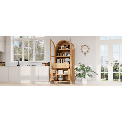 Grand garde-manger arqué de 71 po avec tablettes de porte, armoire de rangement de style campagnard avec tablettes ouvertes et réglables, tiroir caché et porte vitrée, armoire