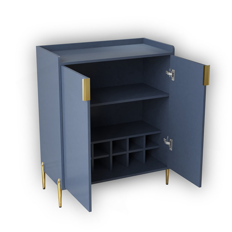 Armoire à vin moderne à 2 portes avec tablettes réglables, support à vin et charnières à fermeture douce, Bleu
