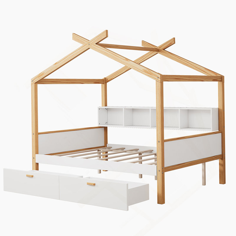 House Bed With Two Drawers And Bookshelf Storage, A Magical And Functional Sleeping Solution For Kids' Rooms, Full 