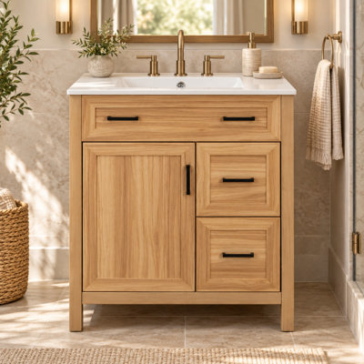 Caines 36" Single Bathroom Vanity with Ceramic Sink, Solid Wood Frame, 2 Doors, 2 Soft-Close Drawers & Flip Drawer