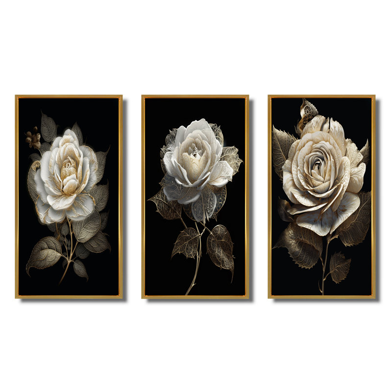 «Retro White Rose Portrait On Black», 3 pièces, H 40 po x l 60 po, Cadre flottant doré