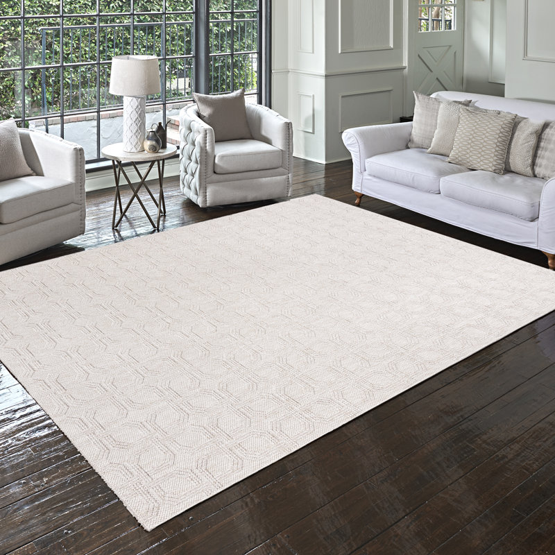 High-Low Loop Pile Indoor Area Rug, Cream Ivory Modern Geometric Polyester Rug for Living Room & Bedroom – Nylah Haley