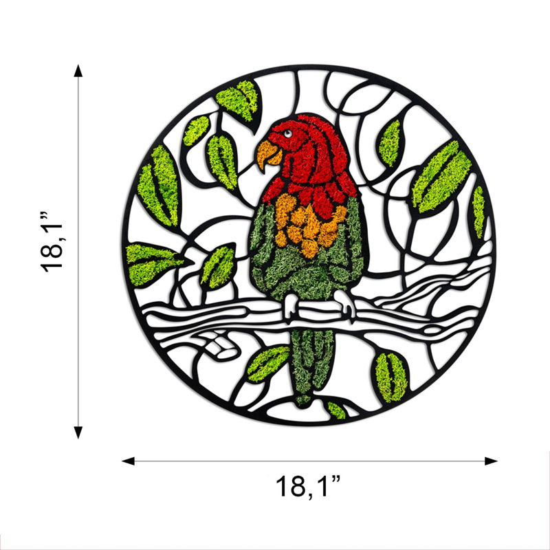 Exotic Macaw Circular Metal & Moss Wall Décor - Rainforest Canopy Vibrant Parrot