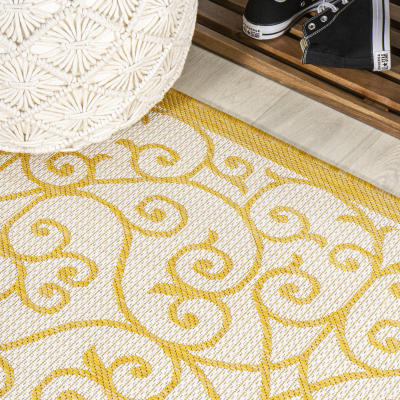 Deilani Vintage Filigree Textured Weave Cream/Yellow Indoor/Outdoor Rug, Runner 2'2" x 10'