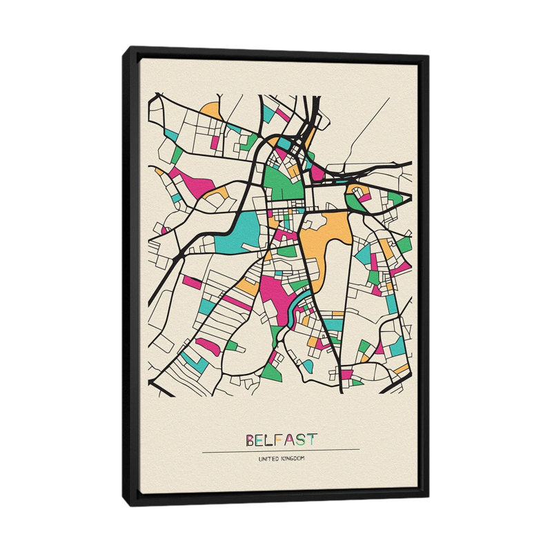 Belfast, United Kingdom Map by Ayse Deniz Akerman - Floater Frame Print on Canvas, 101.6 cm H x 66.04 cm W