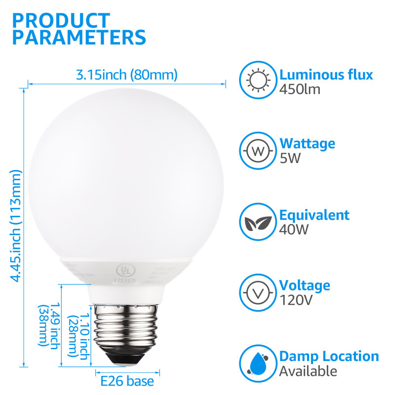 Ampoule sphérique à DEL G25, à intensité variable, base E26 pour meuble-lavabo ou miroir, 5000 K
