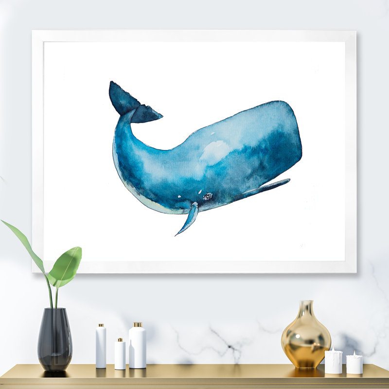 Baleine bleue sur fond blanc I - Peinture sur toile, H 30 po x l 40 po, Cadre photo blanc