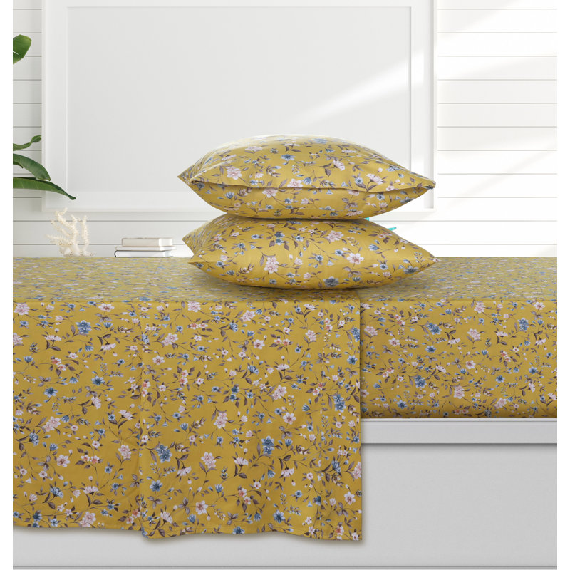 Sateen Floral Sheet Set, Twin XL Sheet Set + Fitted Sheet + Pillowcase, Yellow