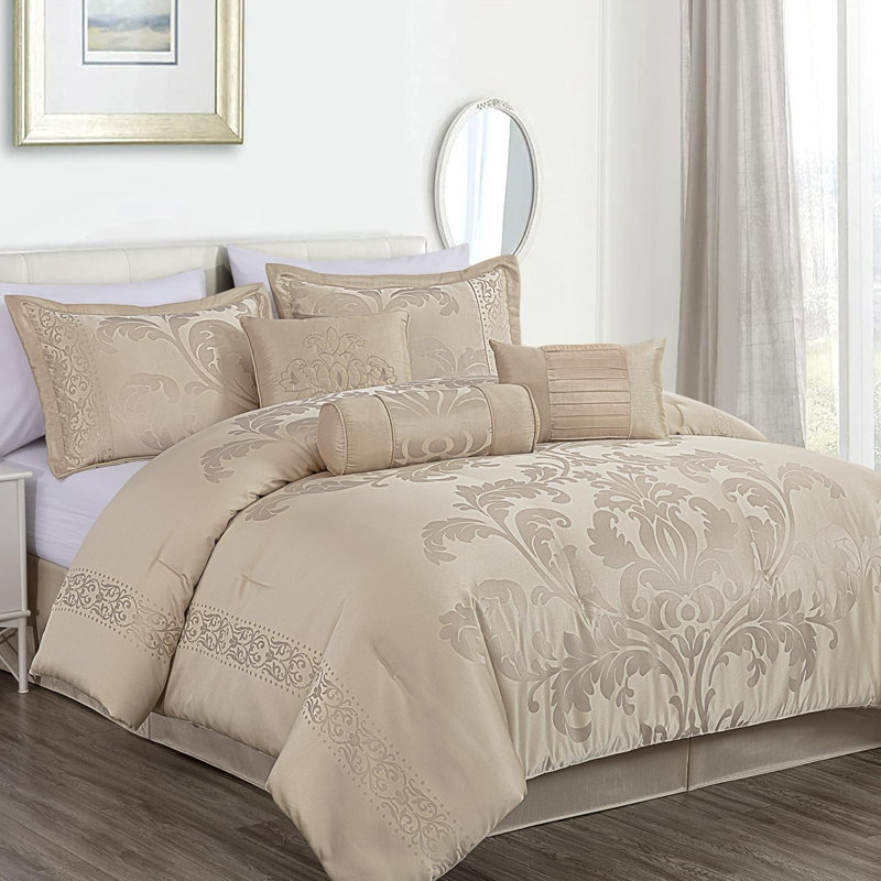 Royale Jacquard Floral 7 Piece Comforter Set, King Comforter + 6 Additional Pieces, Champagne