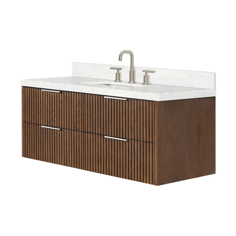 Ensemble de meuble-lavabo mural rectangulaire simple 54 po avec comptoir à quartz blanc Carrara de 1,5 po Mulloy, Chêne brun