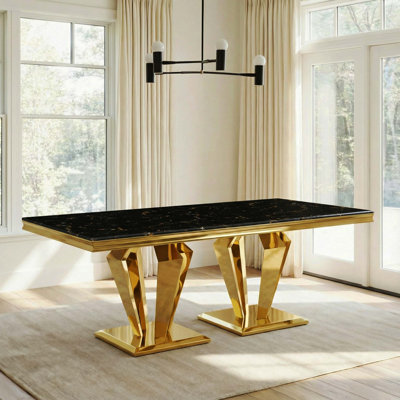 66.9" Black & Gold Marble Top Dining Table With Polished Stainless Steel Diamond Shape Base, Modern Large Dining Room Table