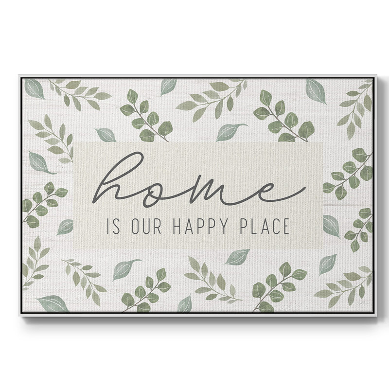 "Home is our happy place", art textuel sur toile, H 27 po x l 41 po x P 2 po, Blanc