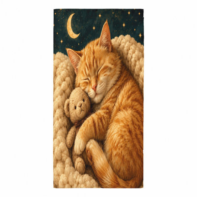 1Pcs Adorable Sleeping Cat Hugging Teddy Bear Beach Towel, Cozy Night Sky Moon Stars Design Microfiber Quick Dry for Swimming, Travel, Camping