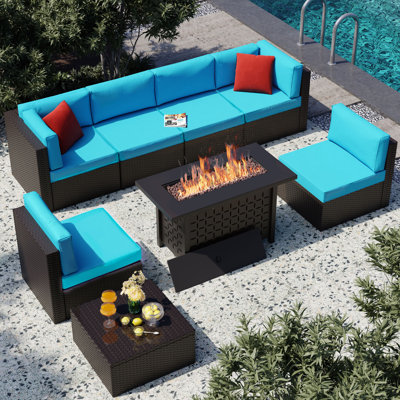 Ensemble de patio extérieur en rotin 8 pièces avec foyer
