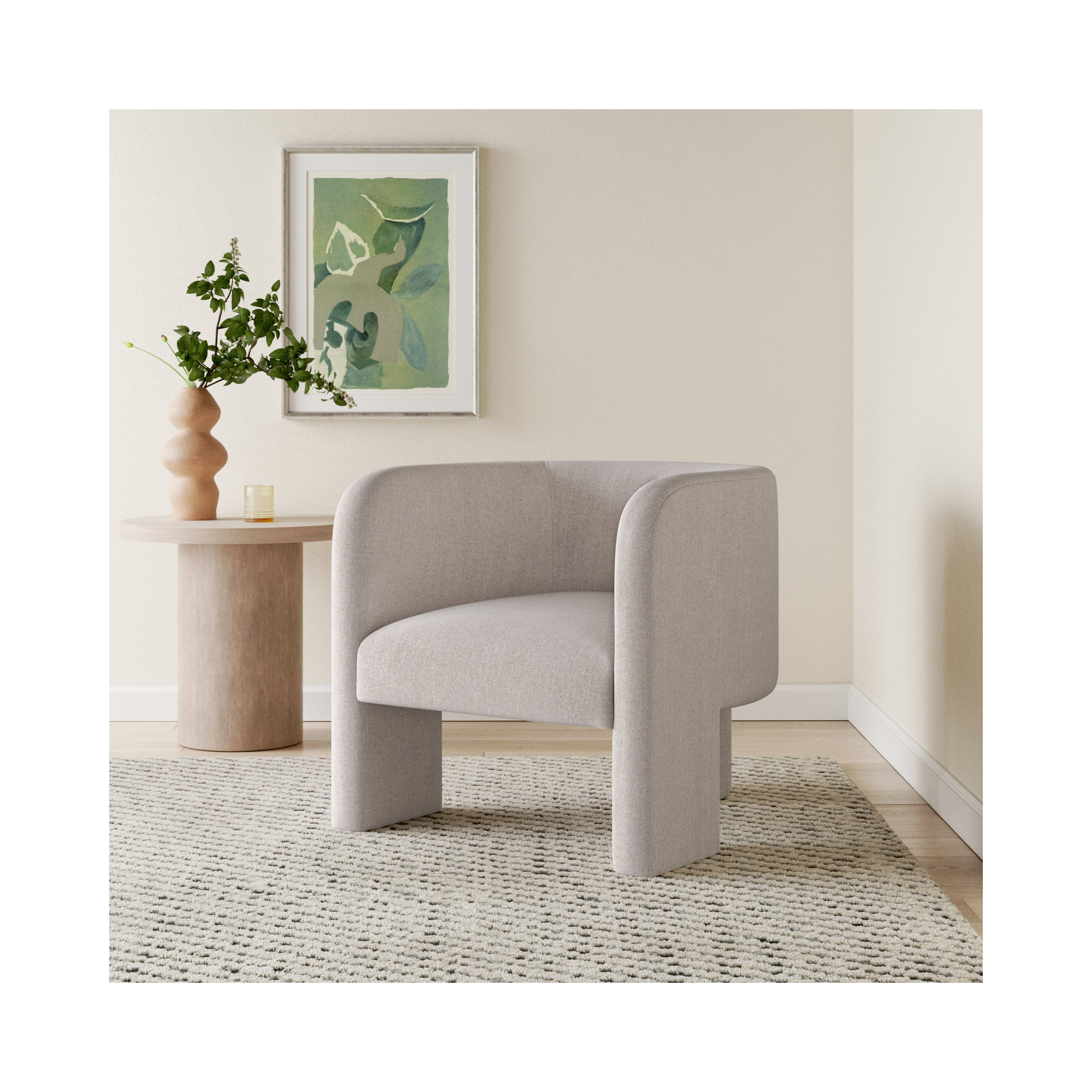 Ellum Upholstered Barrel Chair, Light Gray Linen