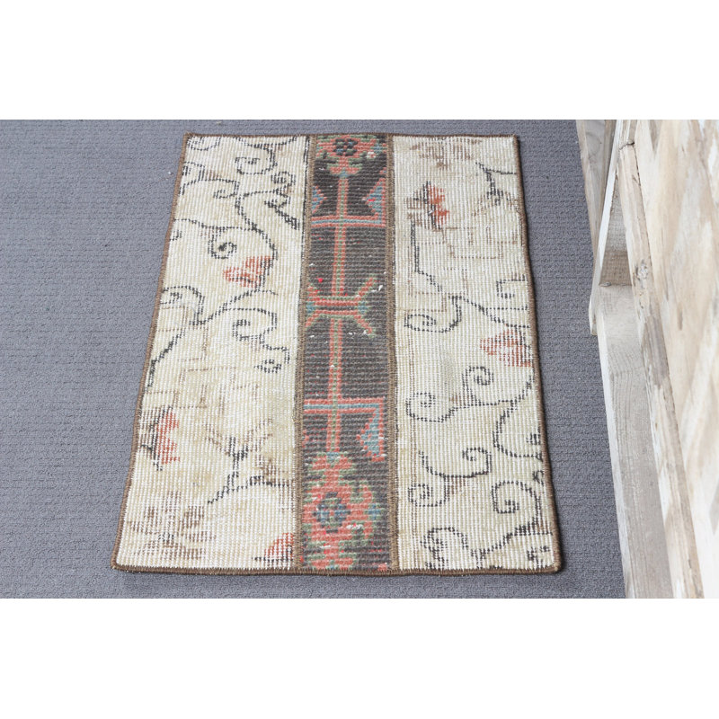 Antique Beige Handwoven Turkish Oushak Patchwork Small Rug Ideal for Entry and Door Mat Decoration