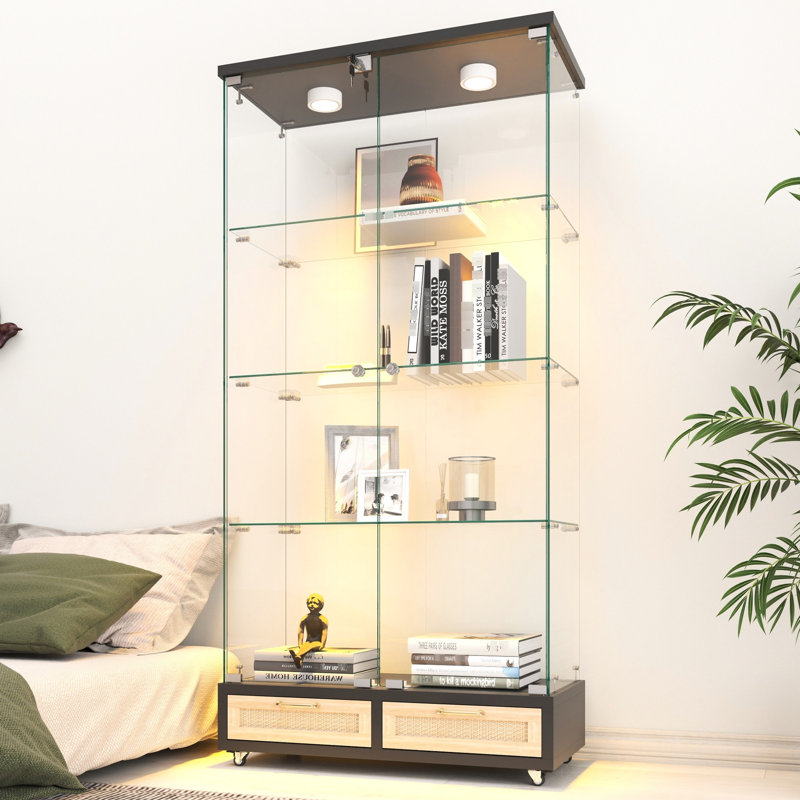 2 - Door 4 Shelf Storage Case, Modern Glass Display, Black And Natural, Quick Assembly, 13 Colour Led Lighting, Space Saving For Bedroom Saving,