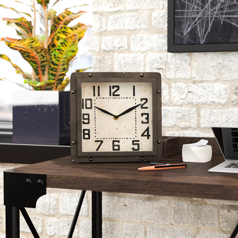 Industrial Analog Metal Quartz Movement / Crystal Tabletop Clock in Bronze, 8.5" H x 8.5" W x 2.5" D