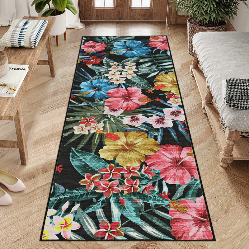 Tapis de salon : Tapis bohème lavable à motif floral pour salon, Black, Tapis de couloir 2 pi x 6 pi