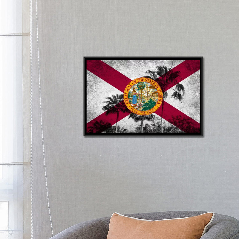 «Florida Flag, Grudge Palm Trees», impression sur toile, Toile avec cadre noir, Pas de tapis, H 32 po x l 48 po x P 1,5 po