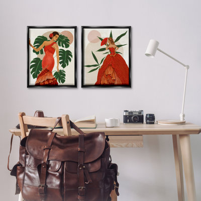  Tropical Fashionistas in Red 2 PC Framed Floater Canvas Set by Janet Tava