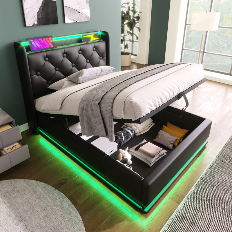 360 Surround Led Twin Bed, Hydraulic Storage Potential, Type-C Socket, Black Pu Finish Size Upholstered Bed Featuring Led, Inquiry, Type-C,