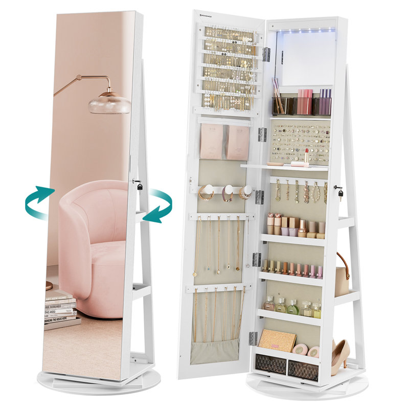 Bitha Freestanding Jewelry Armoire, White/Beige