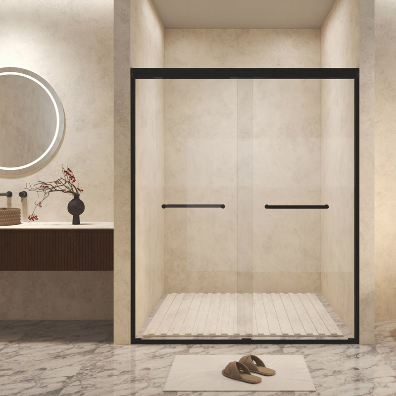 50-54" W × 72" H Tempered Glass With Explosion Proof Film, Aluminum Frame Double Sliding Shower Door, "1/4 (6 Mm), Stainless Steel Handle