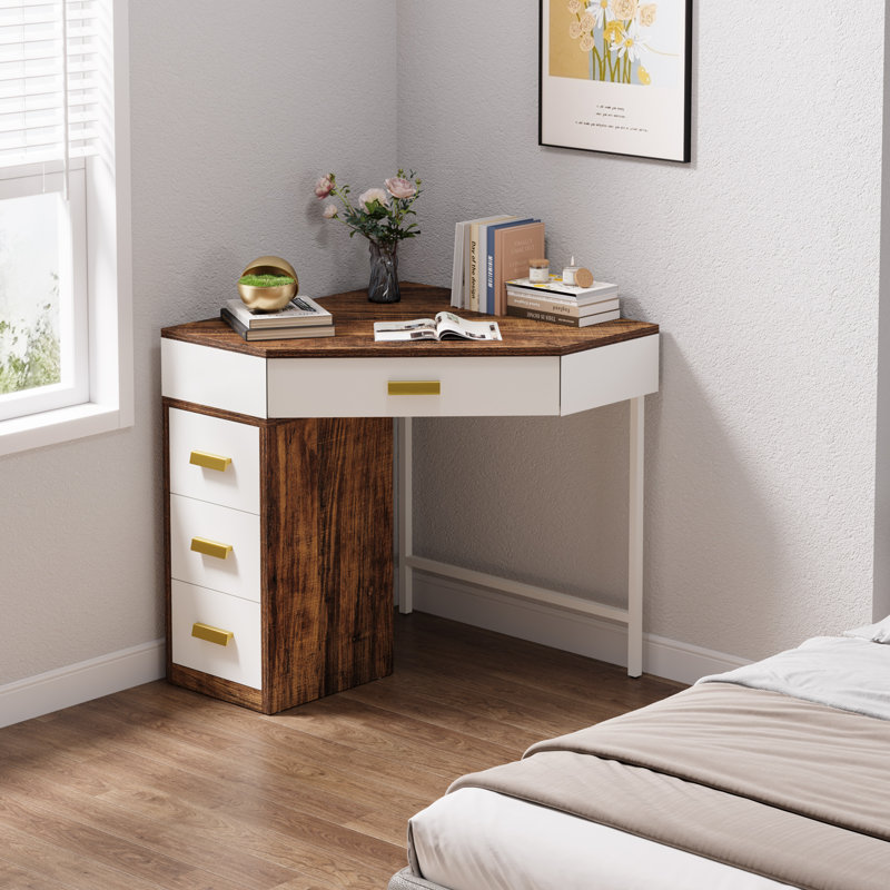 Bureau en coin avec 4 tiroirs, Brun / Blanc