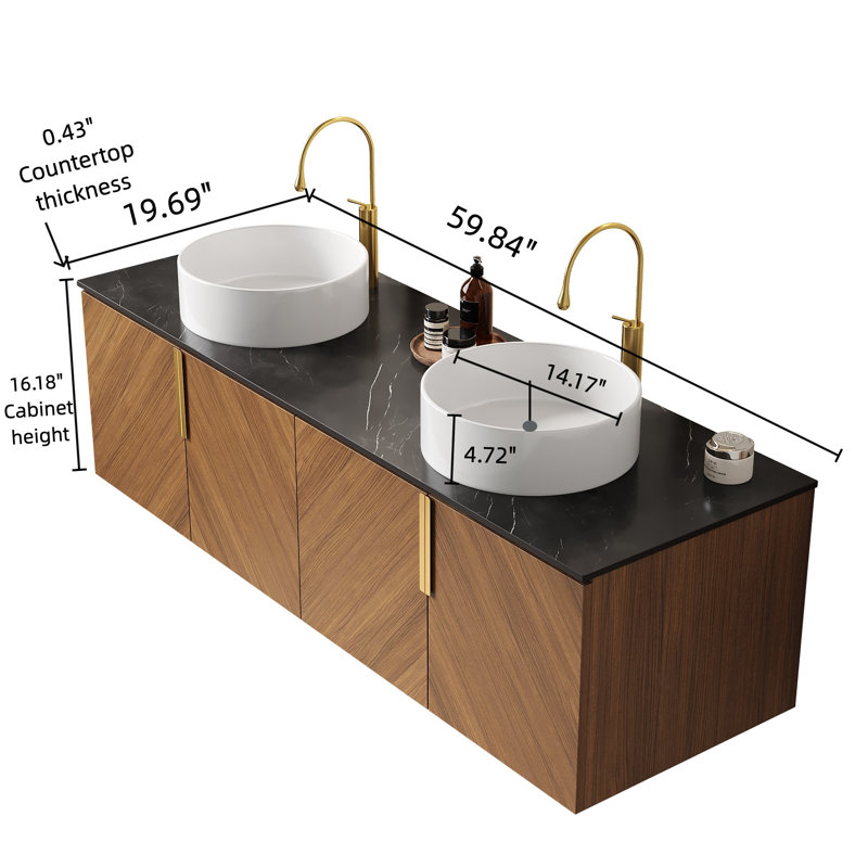 Meuble-lavabo mural avec portes et lavabos flottants, 60"