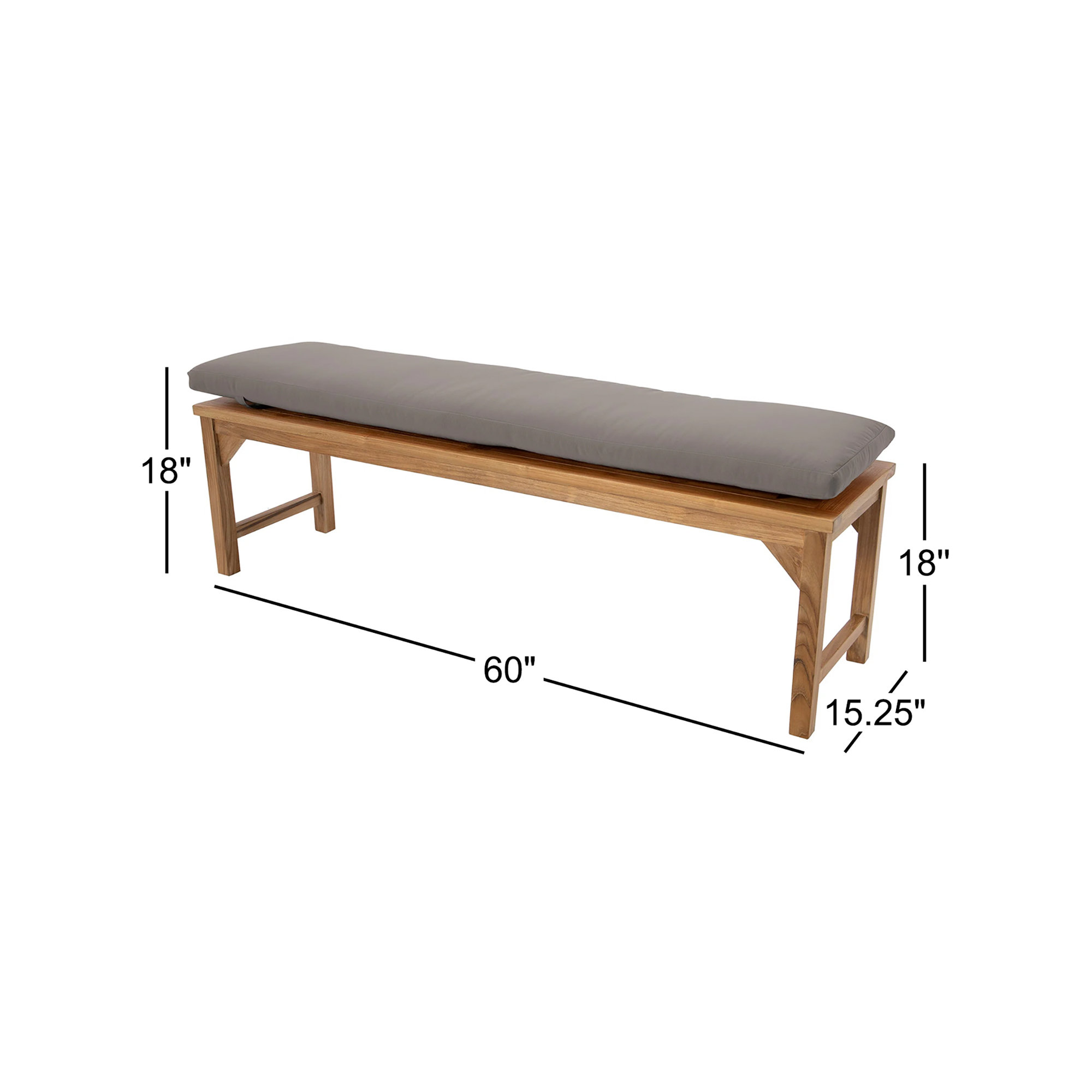 Velay Teak Outdoor Bench, 18" H x 60" W x 15.25" D, Taupe