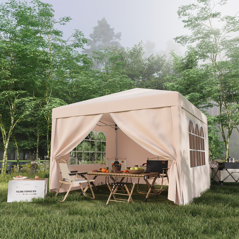 3m X 3m Garden Pop-Up Gazebo With 4 Sidewalls Outdoor Folding Metal Canopy, Beige