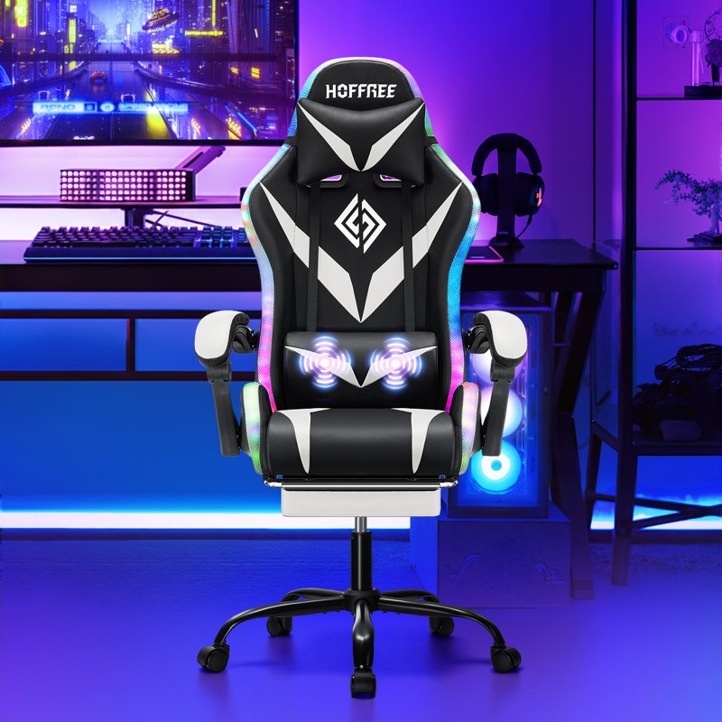 HOFFREE Gaming Chair With LED RGB Lights Massage Video Gamer Chairs With Footrest Ergonomic High Back Reclining Computer Chair With Adjustable Lumbar Support