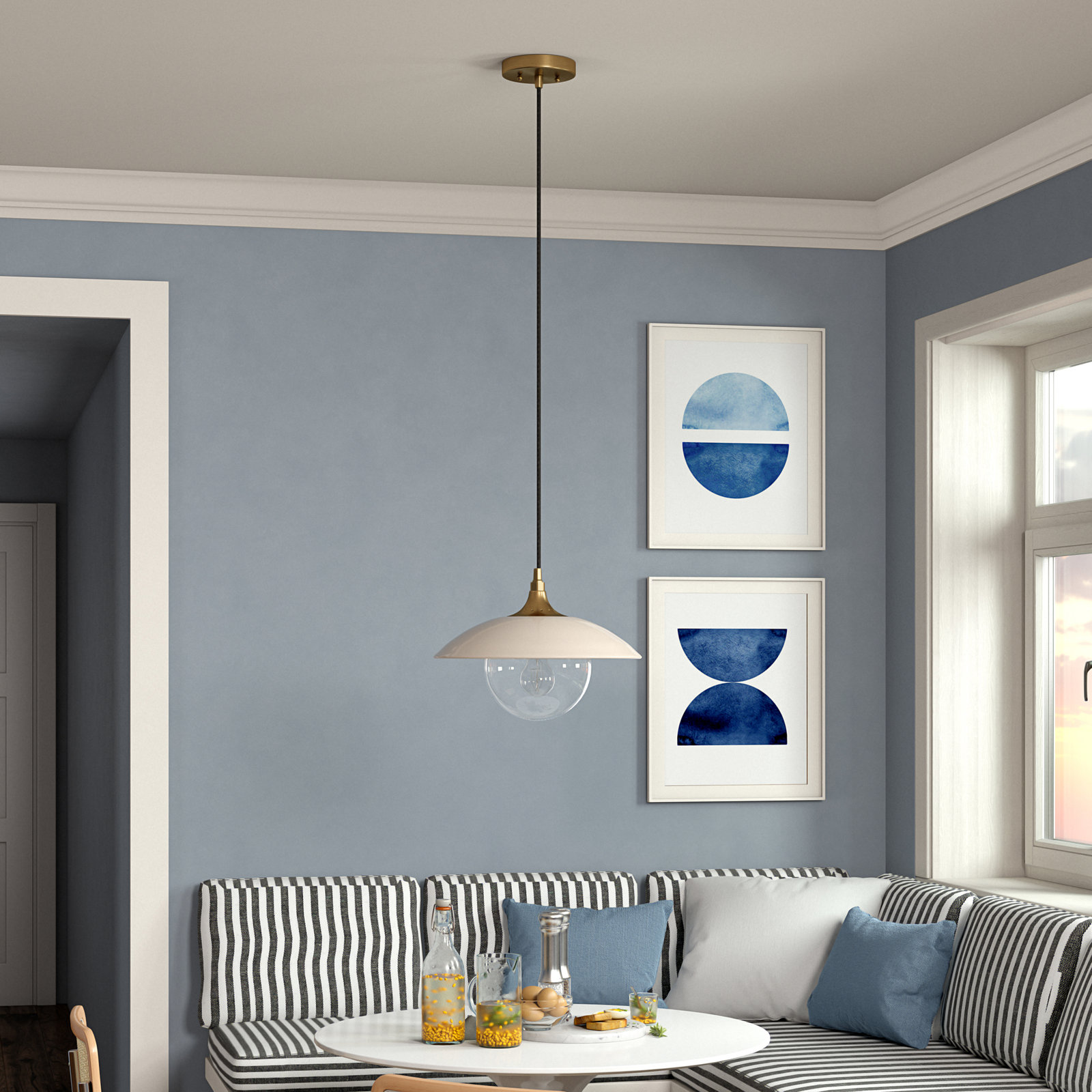 Morine Single Light Glass Pendant, Pearled White/Brass, Clear