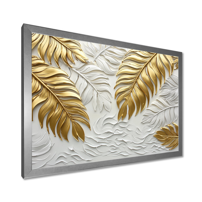 «Clota Golden Cream Plams Reunion II» - art mural palmiers et palmiers, H 34 po x l 44 po, Argent argent