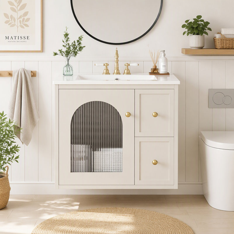Meuble-lavabo de 61 cm avec lavabo en céramique, armoire murale à 1 porte et 2 tiroirs, structure en bois massif et MDF, style moderne et luxueux, noir
