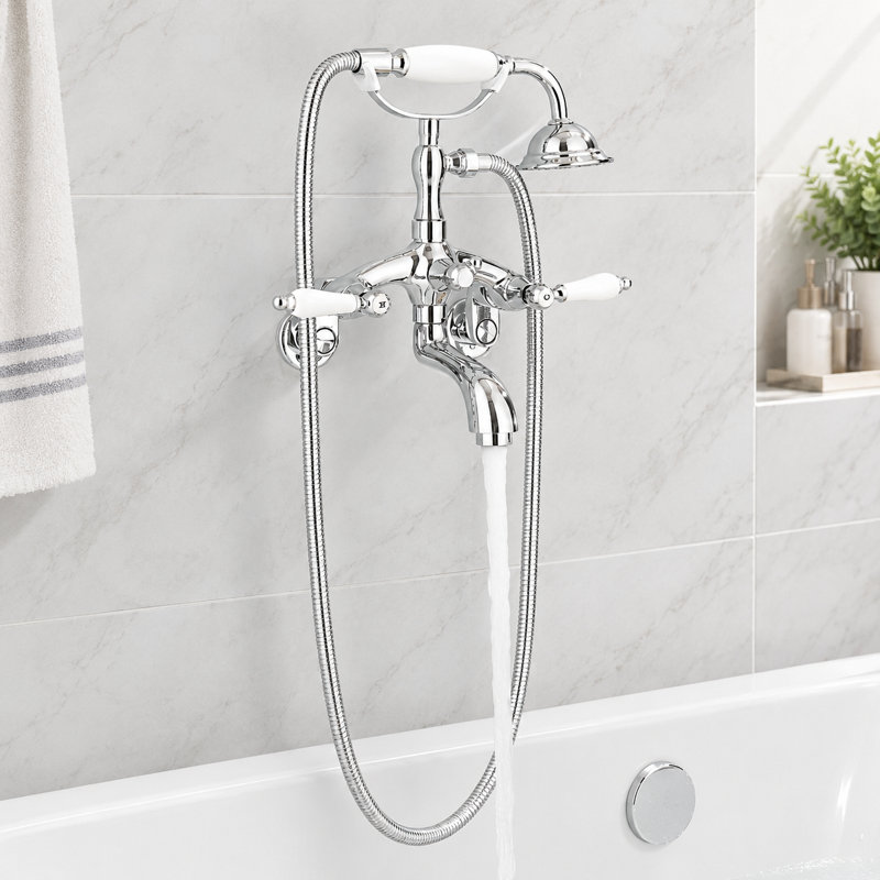 Polished Chrome Clawfoot Tub Faucet with Hand Shower, Brass Victorian Bathtub Faucet Set, Swivel Spout, 2 Ceramic Level Handle,  Wall/Tub Mount