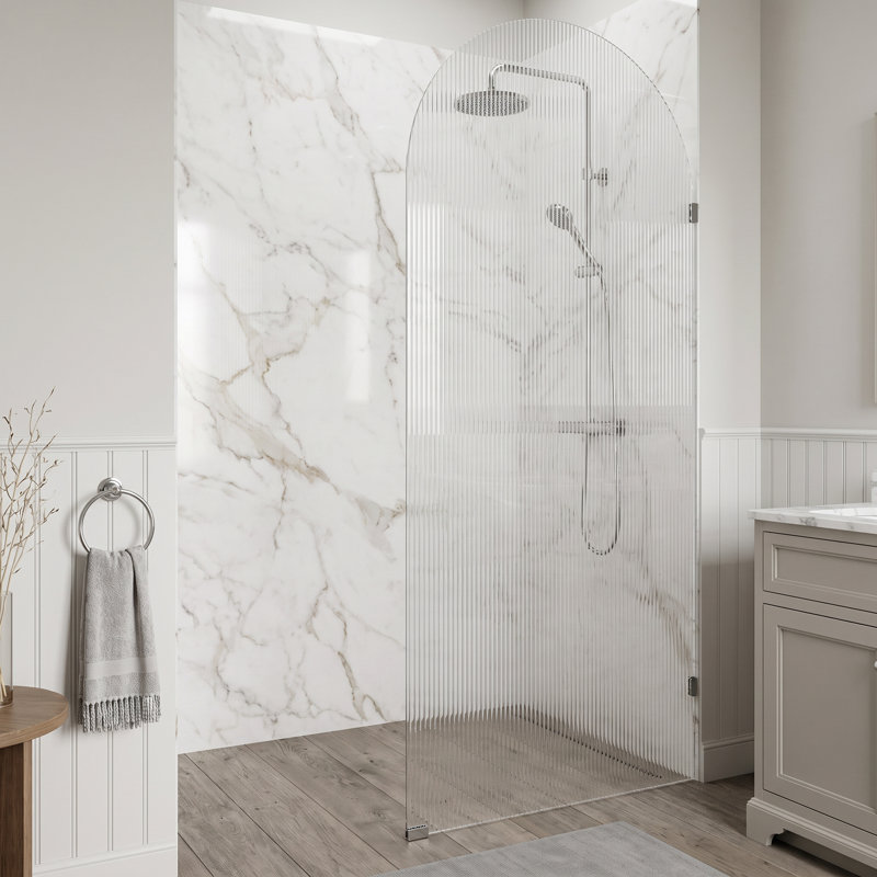 Écran de douche fixe sans cadre avec verre 3/8 po l 34 po x H 78 po Arden, Chrome cannelé