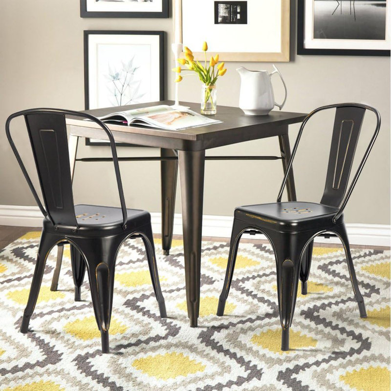 Metal Indoor-Outdoor Chairs Distressed Style Kitchen Dining Chairs Stackable Side Chairs With Back Set Of 4, Dark Gray