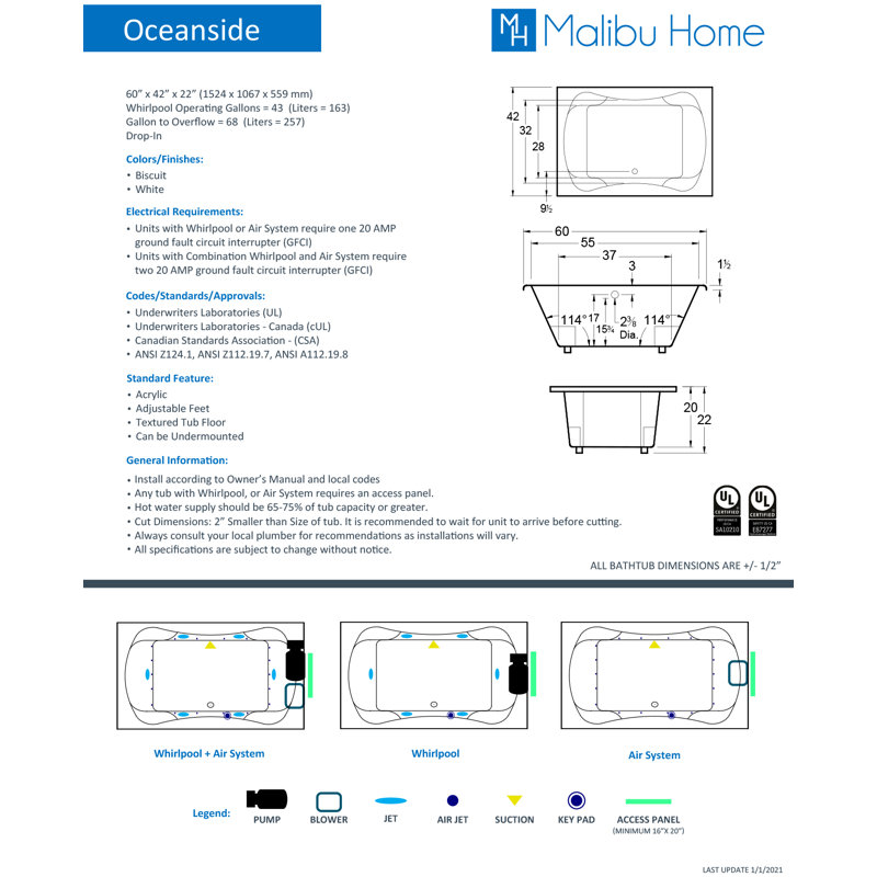 Oceanside 60" x 42" Drop In Whirlpool Acrylic Bathtub, Biscuit