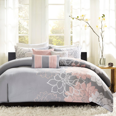 Housse de couette imprimée 6 pièces - Queen Détails Attaches aux coins intérieurs Coussin décoratif 30x50 cm Taupe Gris/jaune Coton brodé 2 taies d'oreiller Gris/pêche
