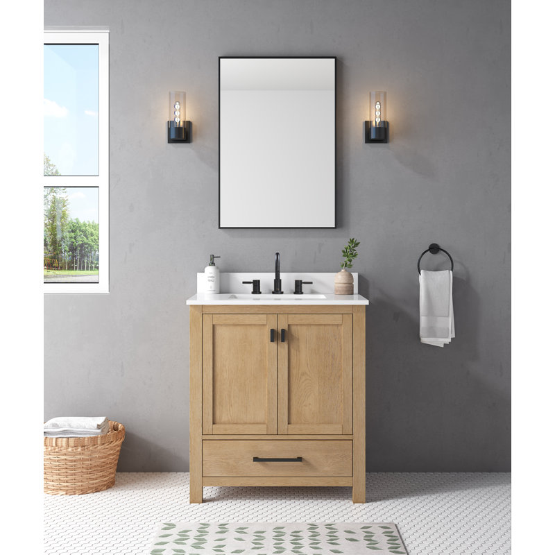 Modero 30" Single Bathroom Vanity with Top, Cala White Marble, Brushed Oak, Black