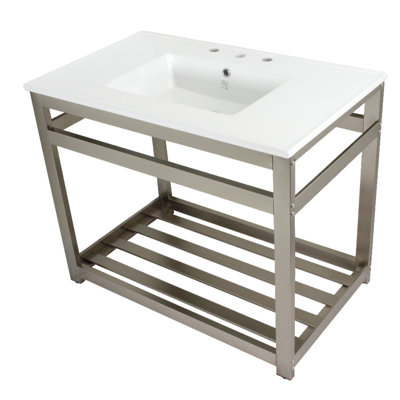 Kingston Brass Quadras 37-Inch Ceramic Console Sink with Steel Base and Shelf (8-Inch, 3-Hole)