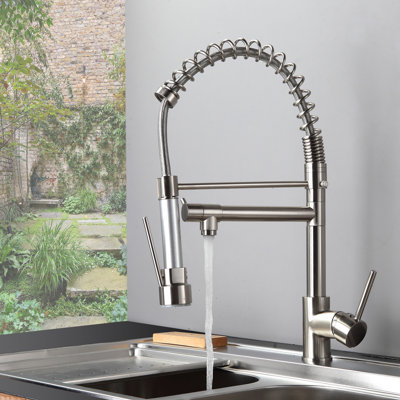 Robinet de cuisine de style contemporain avec robinet rétractable, nickel brossé, poignée simple, robinet de remplissage en laiton massif, douchette, eau chaude et froide