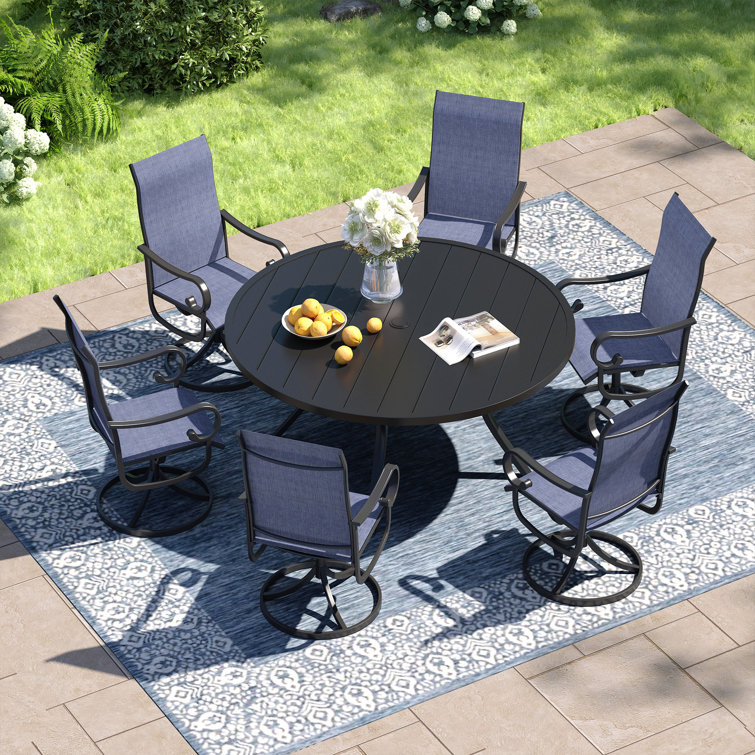 Patio dining set with 53" Round Dining Table and 6 Textilene Swivel Chairs