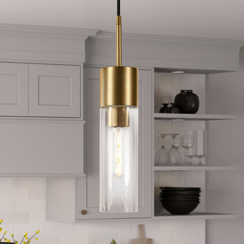 Luminaire suspendu cylindrique à 1 lumière Hubbard, Laiton, Transparent