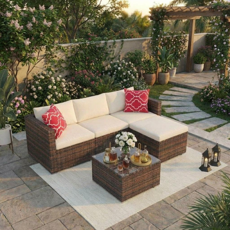 5-Piece Outdoor Patio Sectional Set with Ottoman & Tempered Glass Table, Convertible PE Rattan Sofa Set, All-Weather Garden, Backyard, Porch, and Poolside Furniture