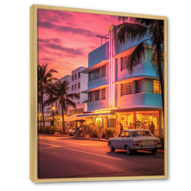 Miami Ocean Drive Neon, reproduction d'art sur toile, H 20 po x l 12 po x P 1 po, Cadre naturel flottant