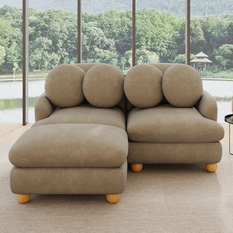 Canapé d'angle modulaire 2 places en chenille de 173 cm, assise profonde, avec 1 pouf et 4 coussins décoratifs, couleur camel